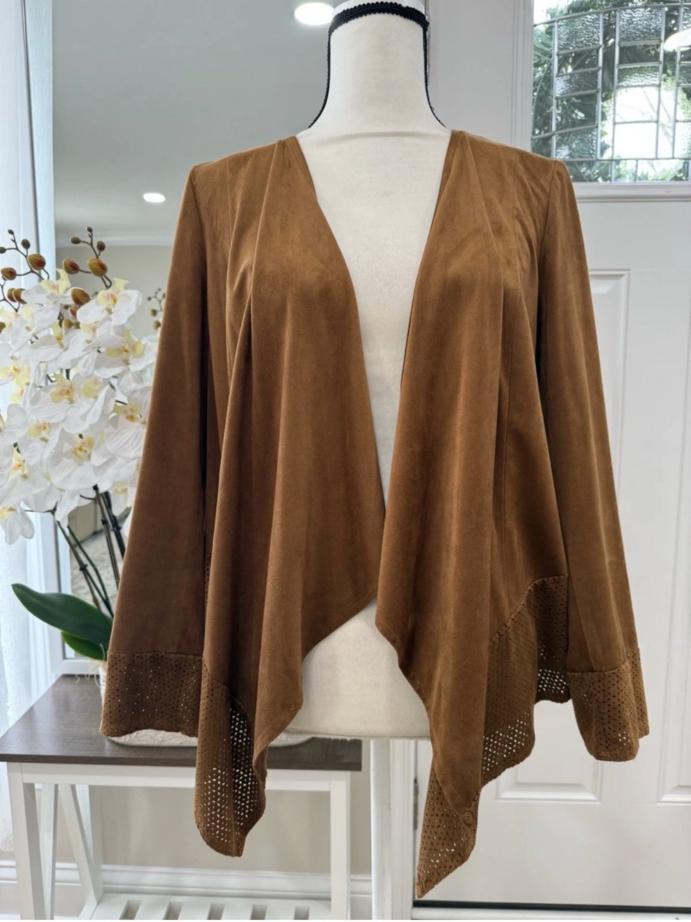 Chico's Faux Suede Perforated Drape Open Front Jacket Brown Sz:1 Medium